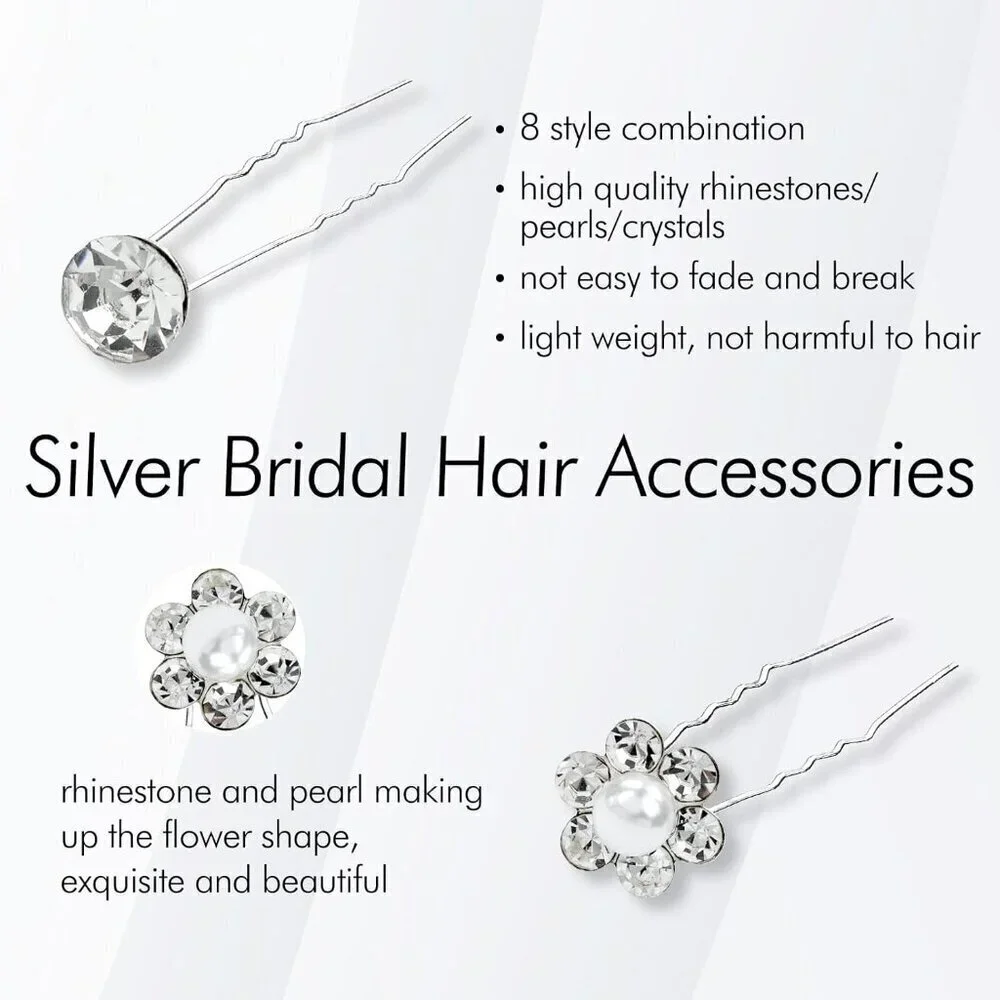 128 Pack Silver Pearl Flower Rhinestone Crystal Bridal Wedding Hair U-shaped Hai